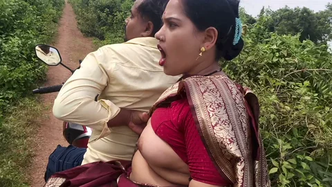 Indian Desi bihari village wife hard touch big boobs, by her lover, in running bike, in outdoor jungle
