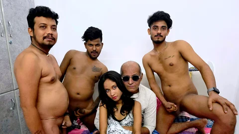 An old man had intense sexual activity involving licking and kising with a young woman and three young friends foursome gangsex